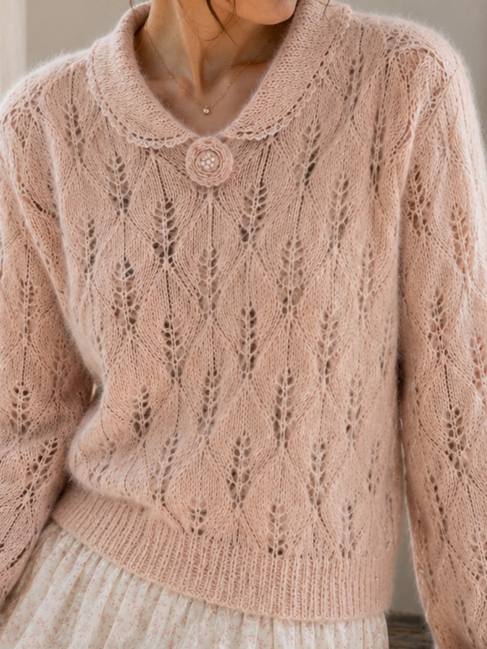 Vintage Mohair Open Knit Sweater Delicate Beige Pink Pearl Collar Flower Accent